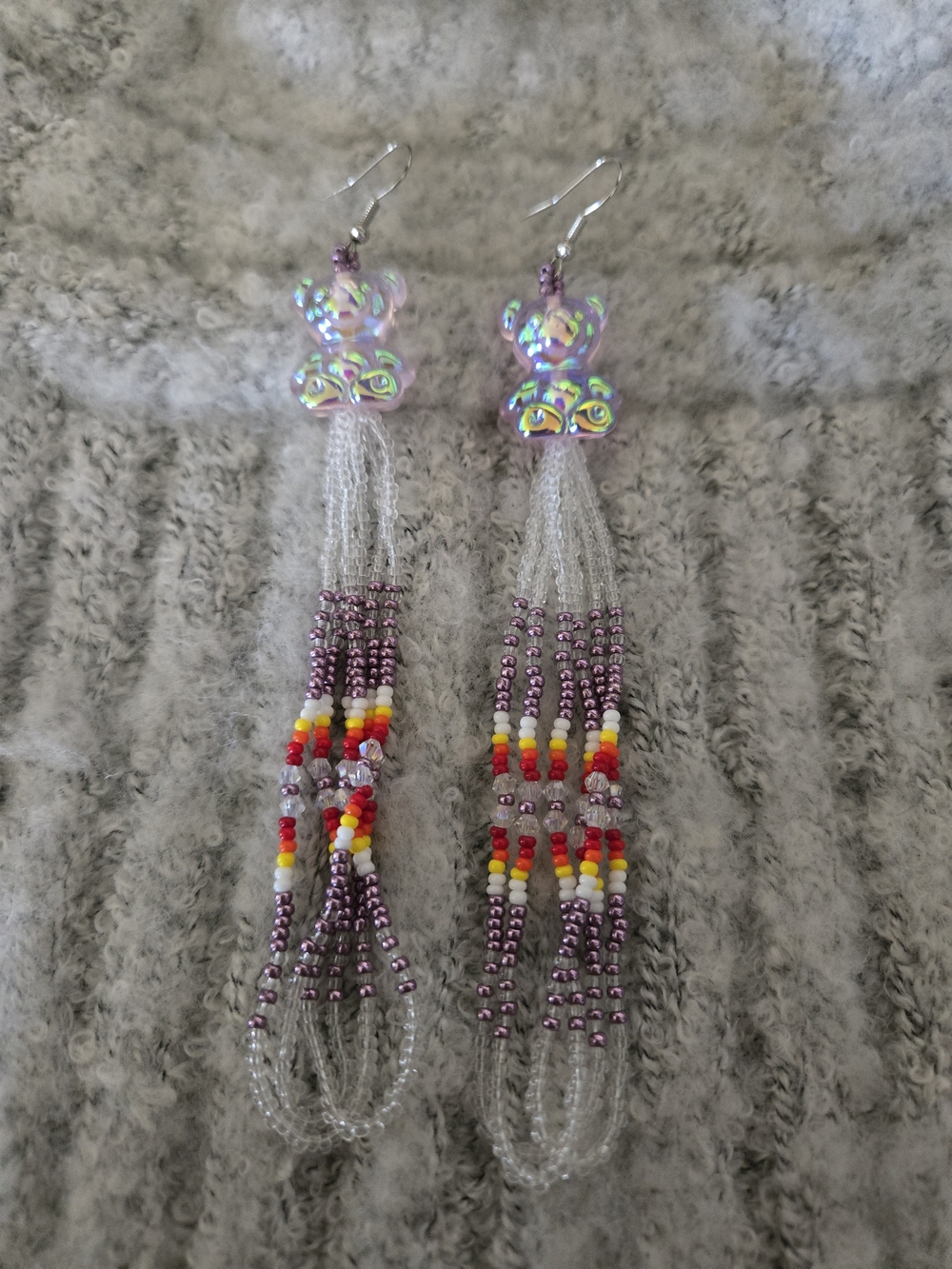 Handmade Iridescent Purple Beaded Tassel Earrings With Teddy Bear Charms